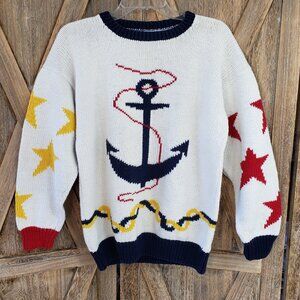 Vintage Handmade Knit Sweater Women's M - L White Nautical Anchor Compass Stars